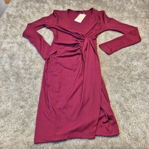 Fashion Burgundy Ribbed Long Sleeve‎ Wrap Ruched Bodycon Dress Size S New